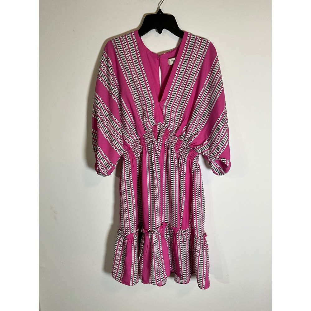 Taylor Magenta Pink Striped Polka Dot Smocked Waist V-Neck Ruffle Hem Dress 8
